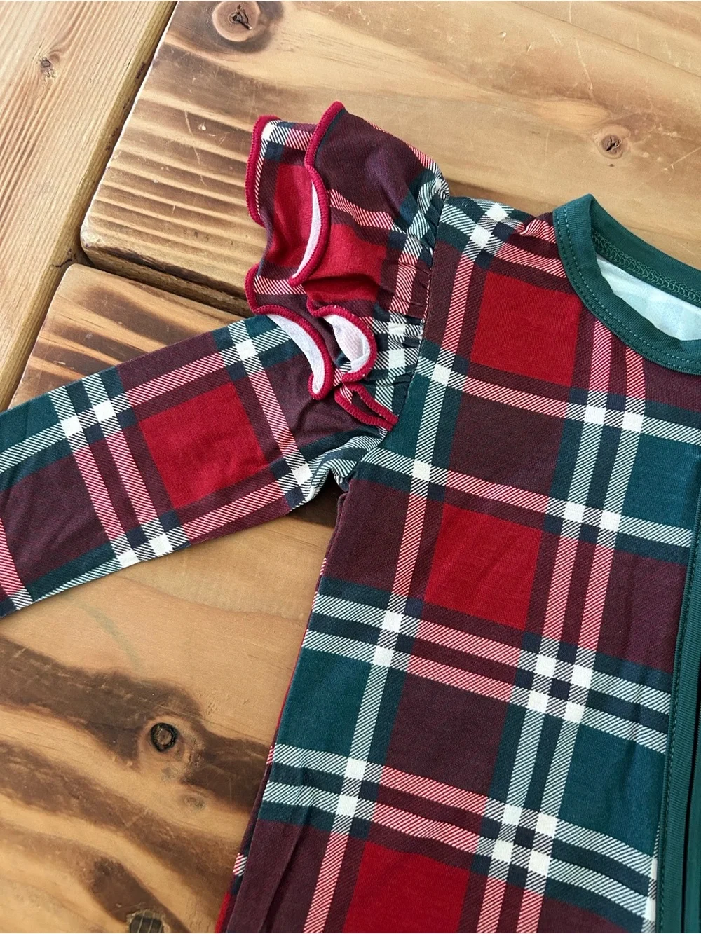 Family Plaid Zippered Kids One-Piece in Red and Green - Holiday Sleepwear